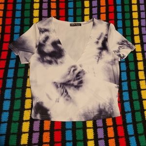 SHEIN White Black Purple Tie-Dye Short Sleeve Wrap Top Women's Size S Small